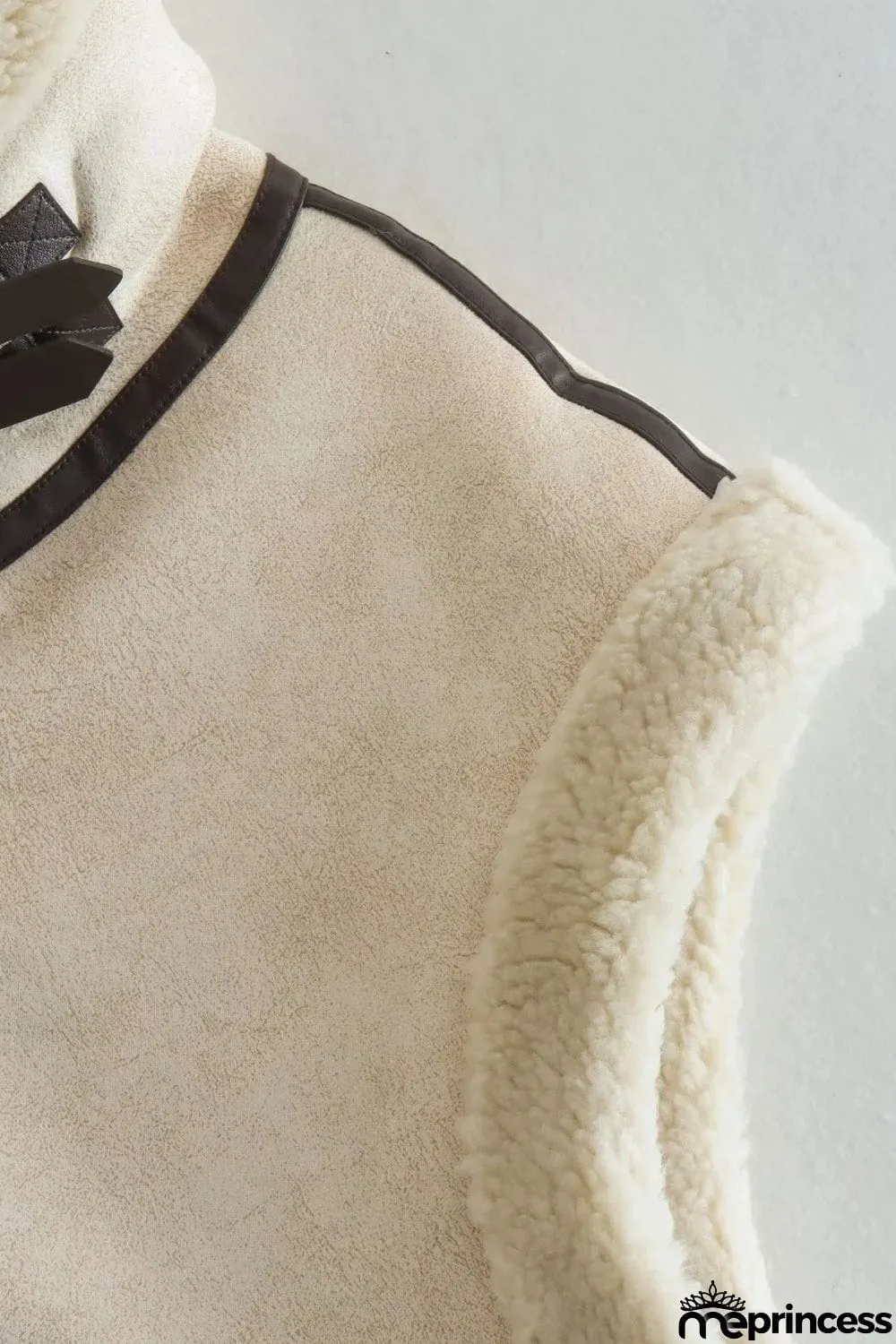 Collared Zip-Up Suede Sherpa Vest