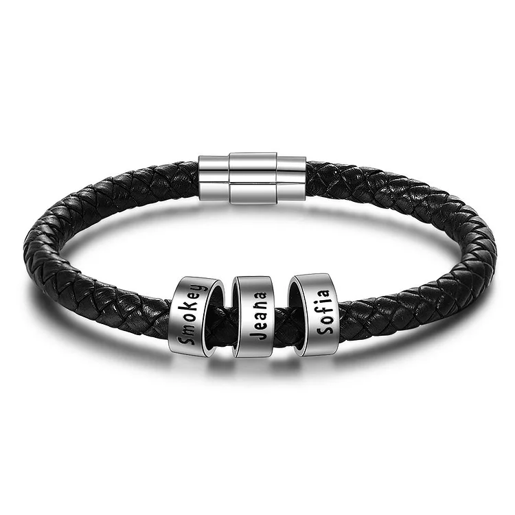 Men Leather Braided Rope Bracelet with 3 Custom Beads Sterling Silver Engravable Black Bracelet for Men