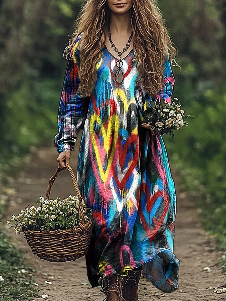 Women's Colorful Heart Pattern Printed Pocket Cotton V Neck Long Sleeve Dress