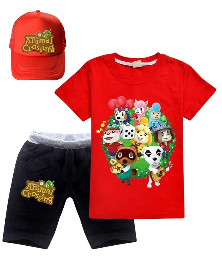 Animal Crossing Printed Girls Boys Cotton T Shirt And Shorts With Hat-Mayoulove