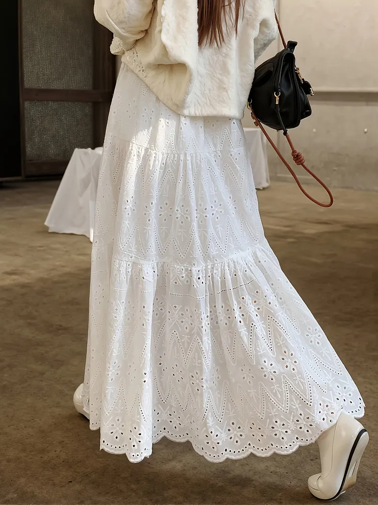 Womens elegant hollow embroidered cake skirt solid color long flowy half-circle