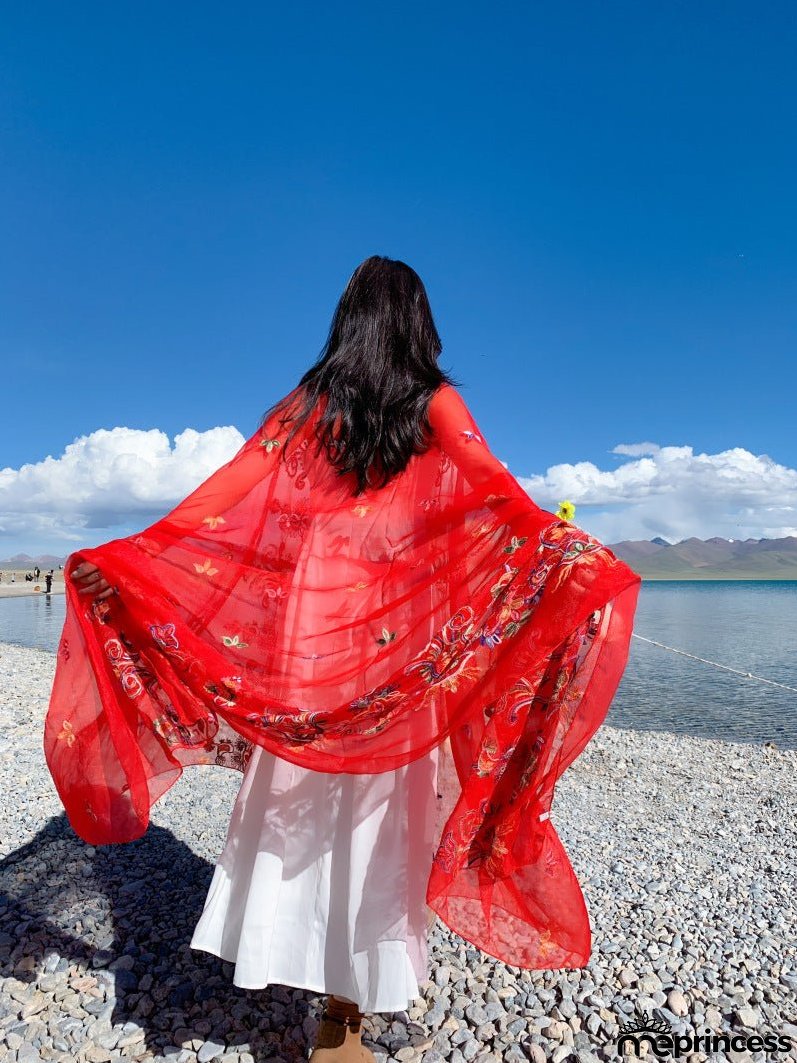 New Super Large Imitation Silk Embroidered Scarf Big Red Shawl with Flower Hat
