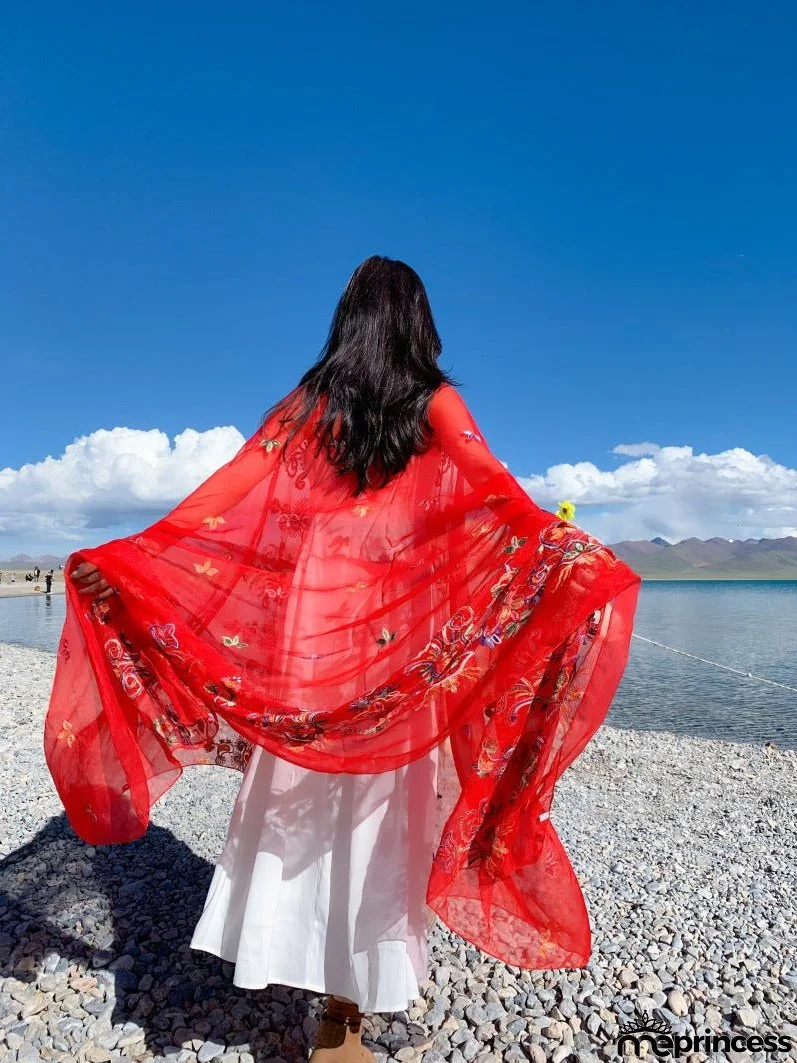 New Super Large Imitation Silk Embroidered Scarf Big Red Shawl with Flower Hat