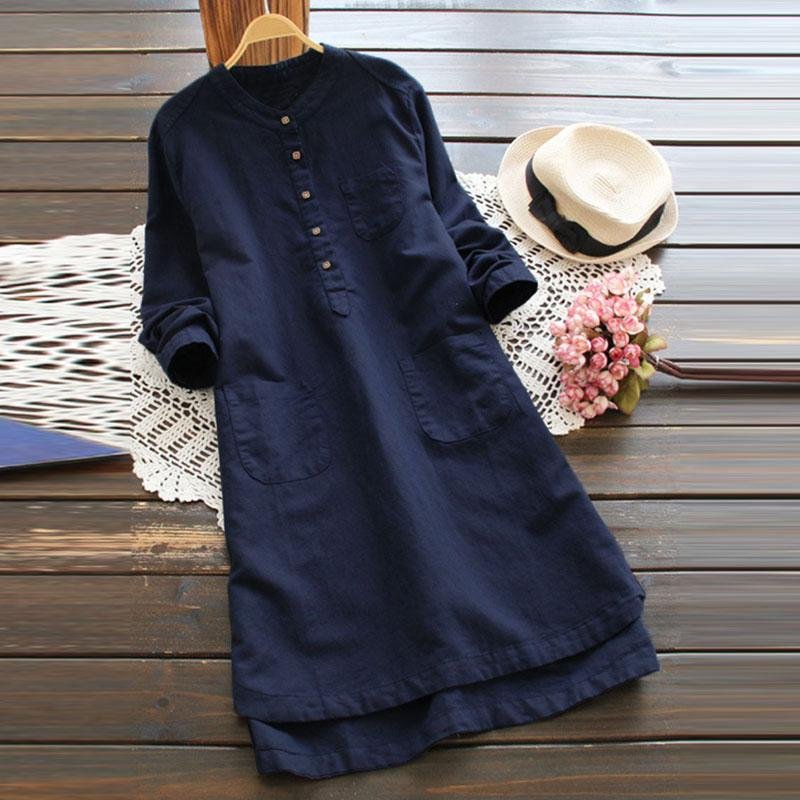 Loose stand-up collar long-sleeved solid color cotton and linen shirt dress