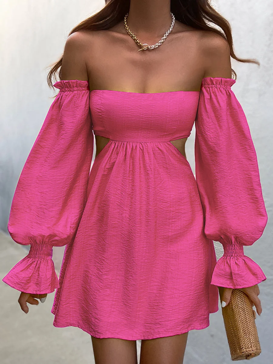 Sexy Off Shoulder Dress Hollow Out Lantern Sleeve Mini Swing Dress