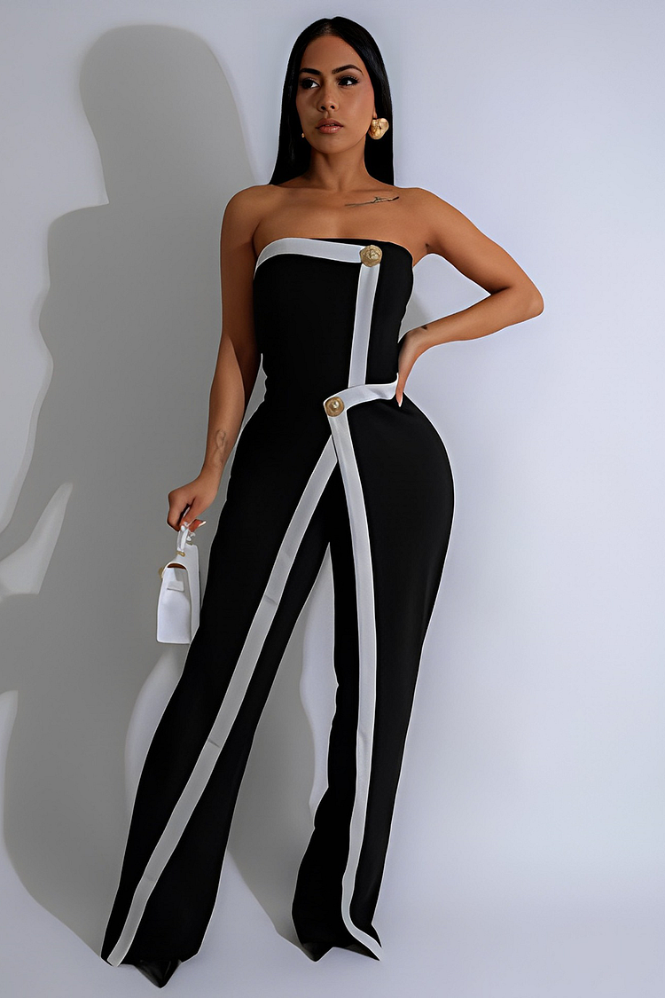 Boat Neckline Overlay Design Colorblock Strapless Jumpsuit-Black