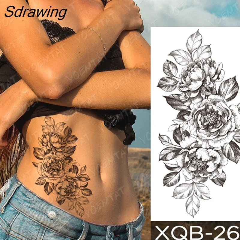 Sdrawing Temporary Tattoo Sticker Rose Snake Flower Tattoos Lace Tiger Dragon Body Art Arm Fake Sleeve Tatoo Women