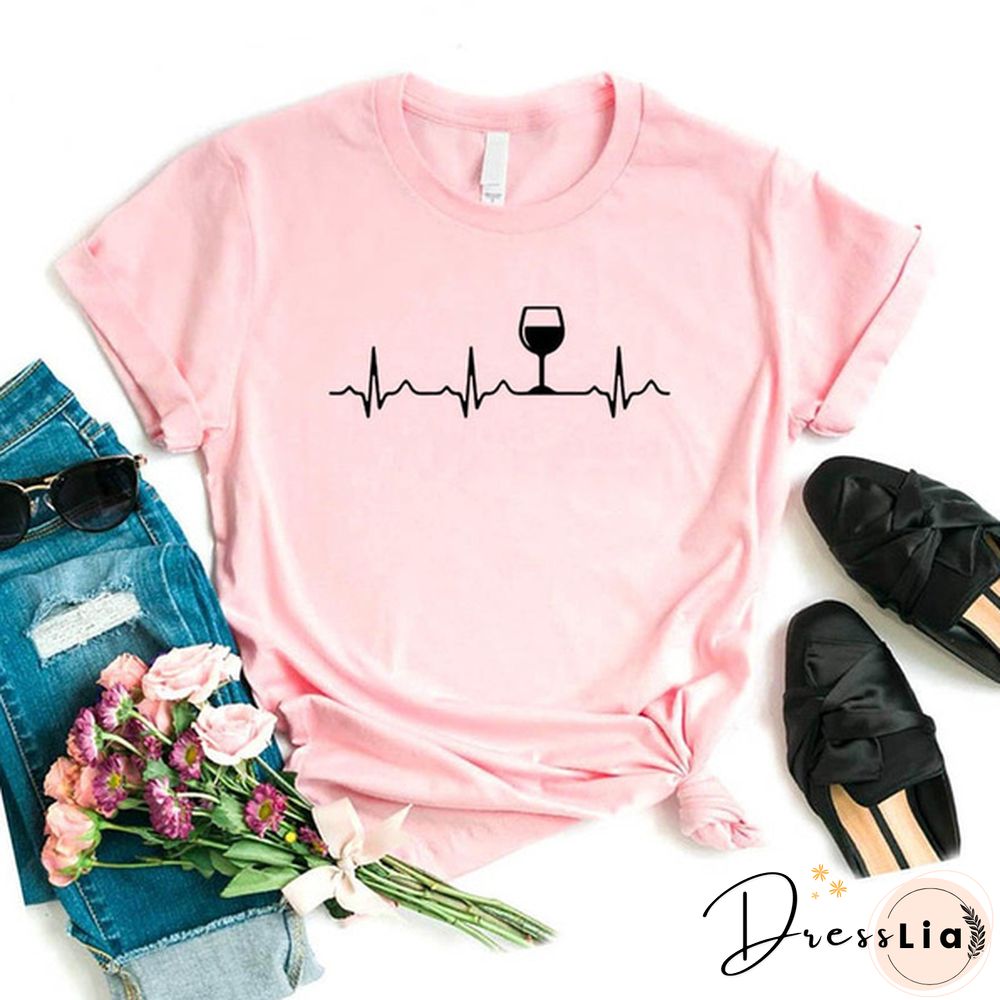Wine Heartbeat Print T Shirt Women Short Sleeve O Neck Loose Tshirt Summer Women Causal Tee Shirt Tops Camisetas Mujer