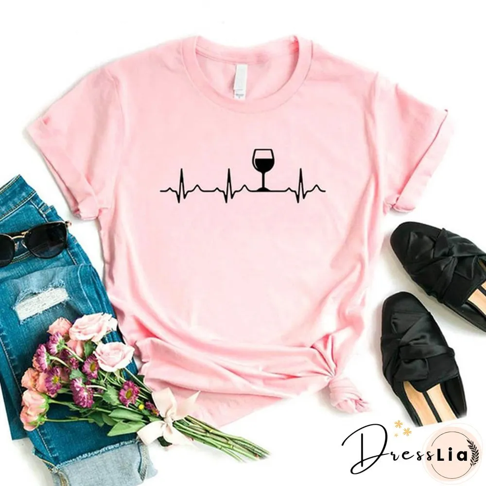 Wine Heartbeat Print T Shirt Women Short Sleeve O Neck Loose Tshirt Summer Women Causal Tee Shirt Tops Camisetas Mujer