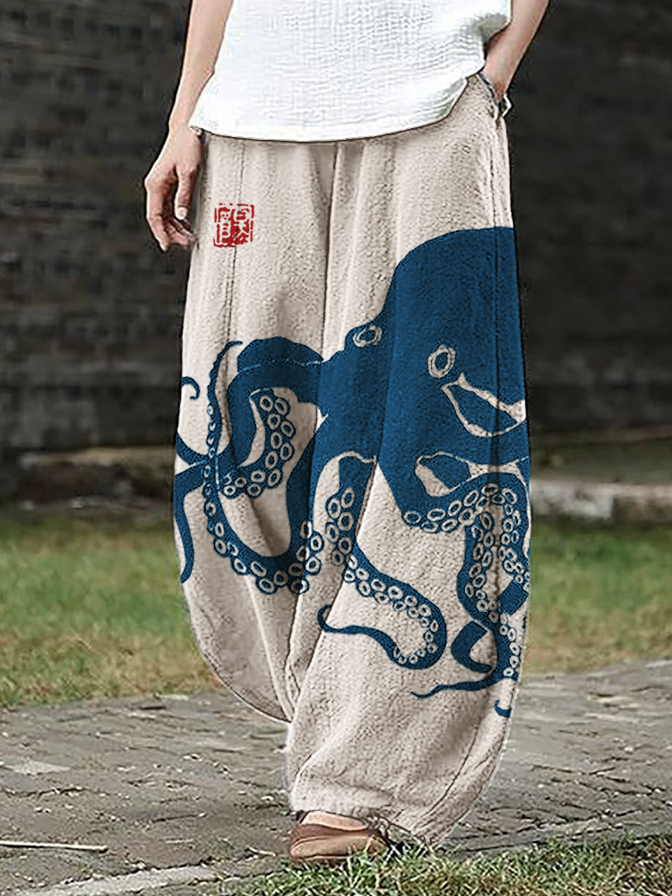 Comstylish Octopus Japanese Lino Art Linen Blend Wide Leg Pants