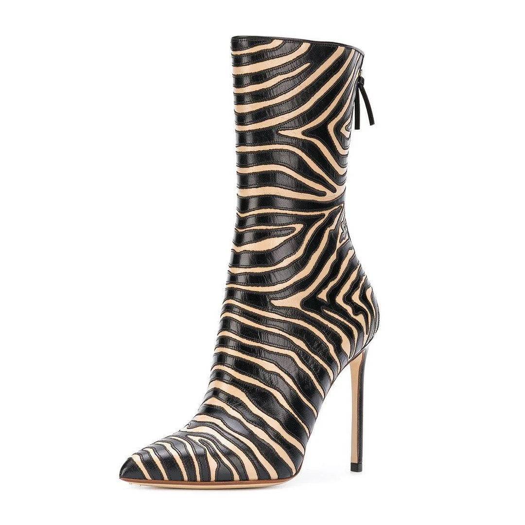Black and Khaki Zebra Pointy Toe Stiletto Boots Fashion Ankle Booties Nicepairs