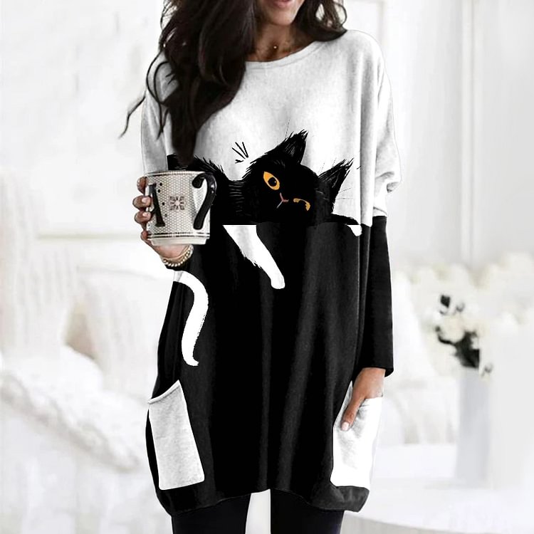Vefave Casual Colorblock Cat Print Long Sleeve Tunic