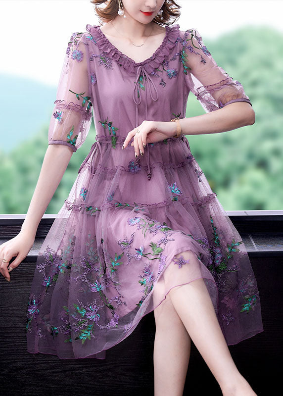 VCSHOES Purple Embroideried Tulle Holiday Dress Short Sleeve