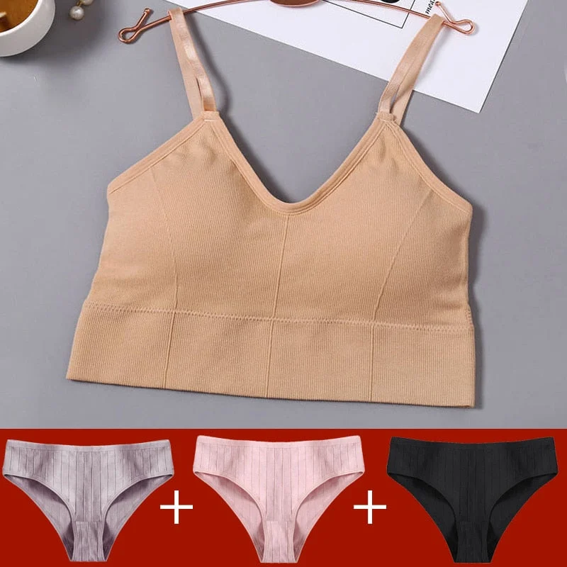 4PCS Camisole Set Tank Crop Top + Cotton Panties Solid Color Bralette for Women Underwear Female Underpants Intimates Lingerie