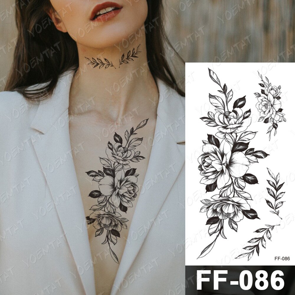 Gingf Flower Waterproof Temporary Tattoo Stickers Chest Peony Rose Flash Tatto Women Line Henna Body Art Arm Ankle Fake Tatoo Men