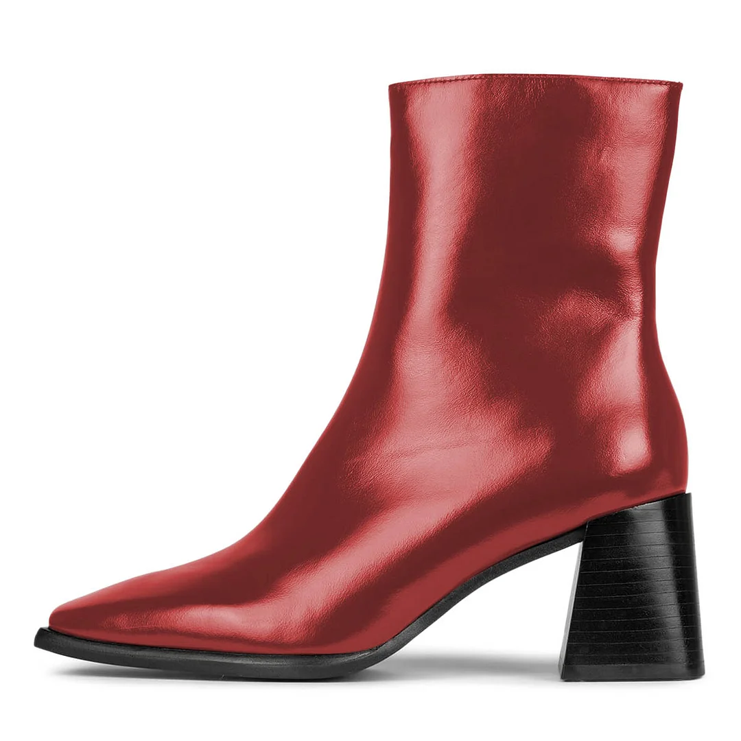 Women's Red Square Toe Chunky Heel Ankle Boots with Side Zipper