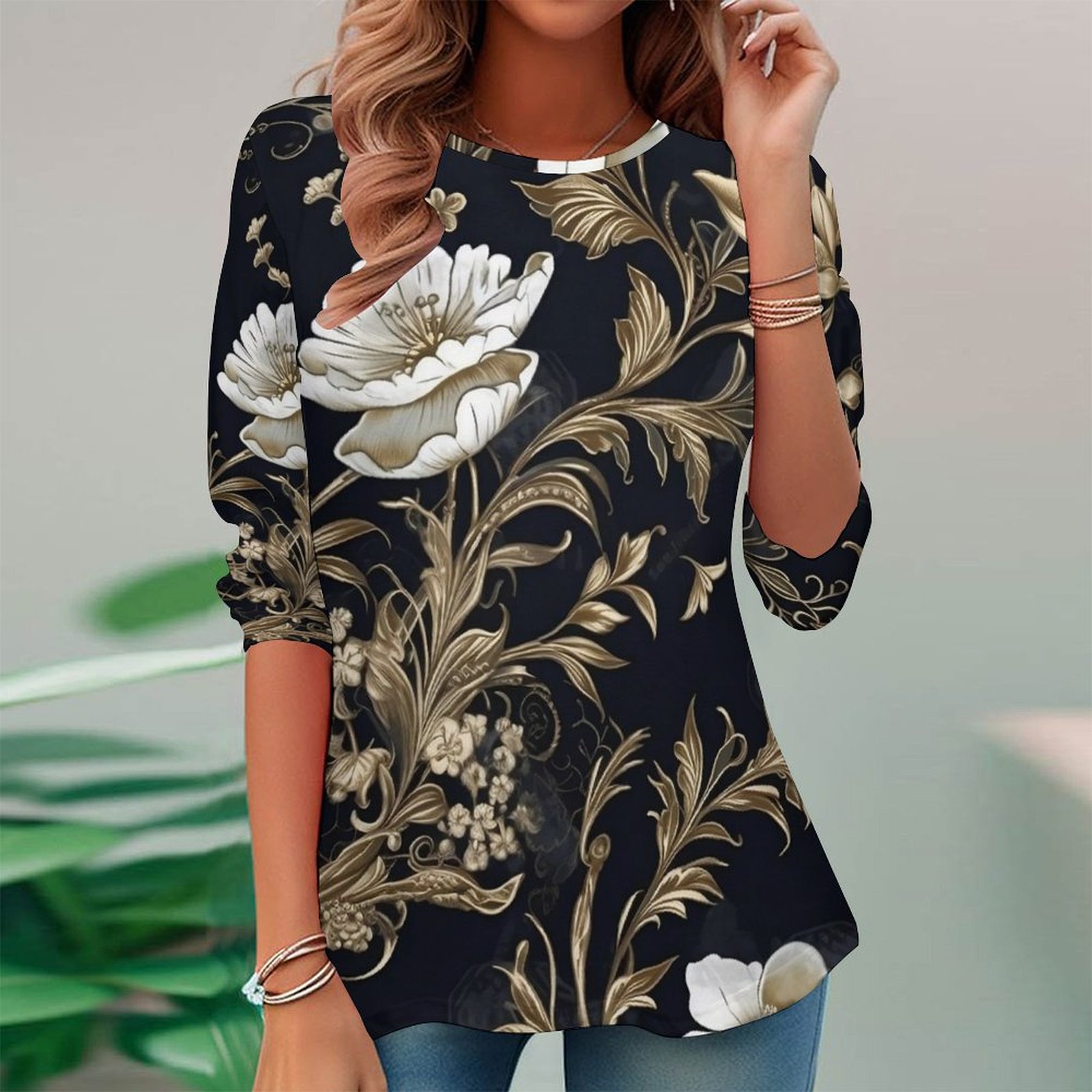 Women Long Sleeve V-neck Graphic Floral Printed Top