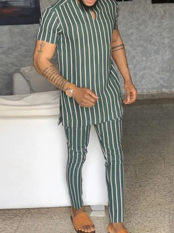 Tiboyz Fashion Men's Short-Sleeved Striped Casual Set