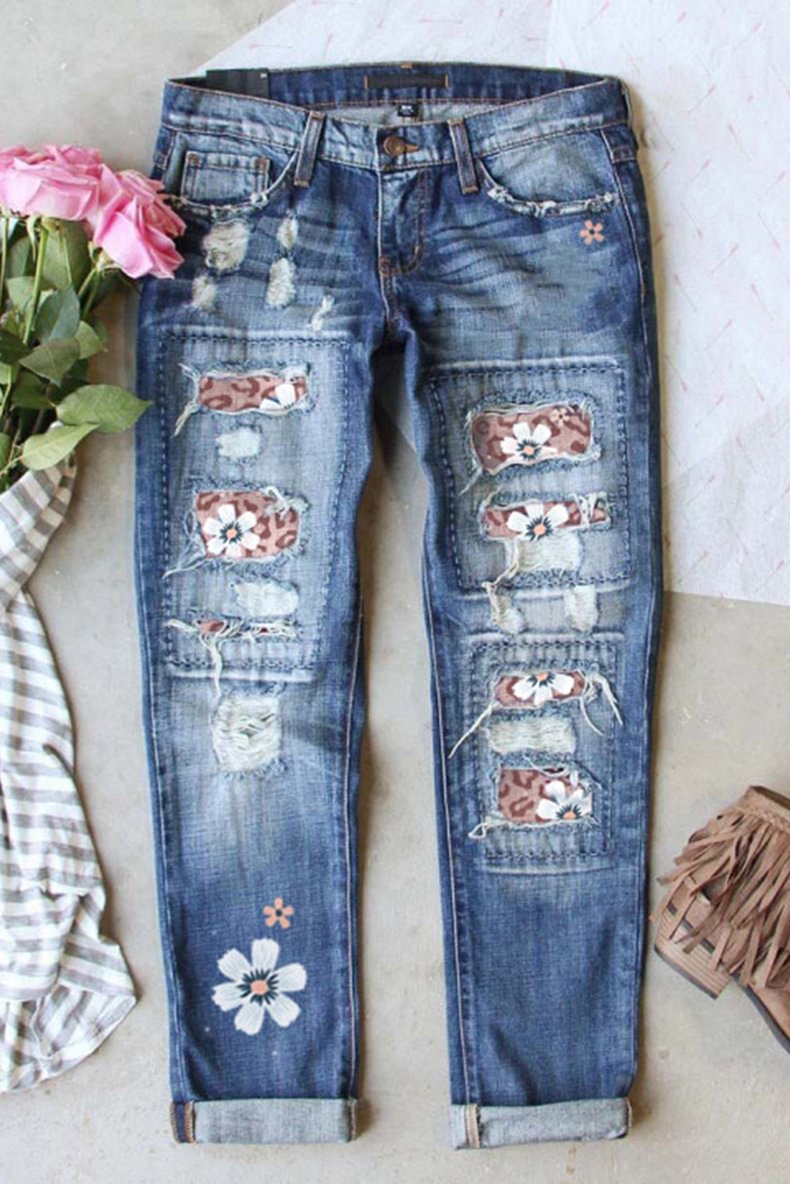 Women's Jeans Ripped Print Lining Casual Cropped Pants