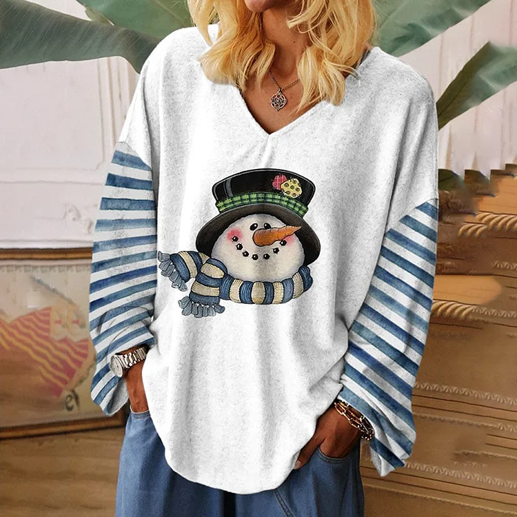 Comstylish Christmas Cute Scarf Snowman Print Casual V-Neck Long Sleeve T-Shirt