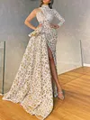 Round-Neck Jacquard Tight See-Through Split-Side Stylish Evening Maxi Dress