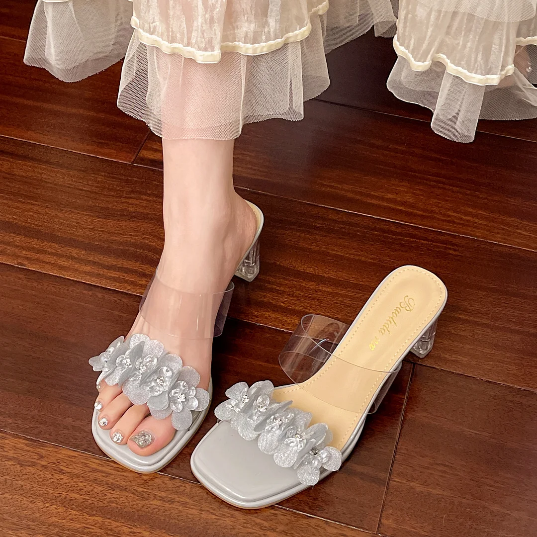 Yyvonne Fairy Transparent Coarse And Word Drag Woman 2025 New Summer Atmosphere With Flowers And Water Drill High And Cold Slippers