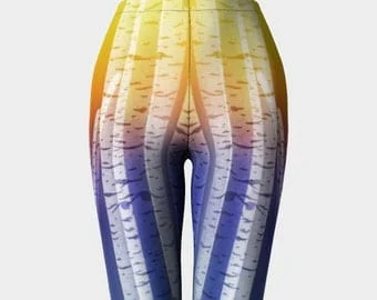 pornhint Pornhint Birch Trees Capri Leggings, Yoga Capris,Yoga Leggings,Womens Capri Leggings Nature Leggings,Festival Leggings,White Striped Leggins, Rainbow