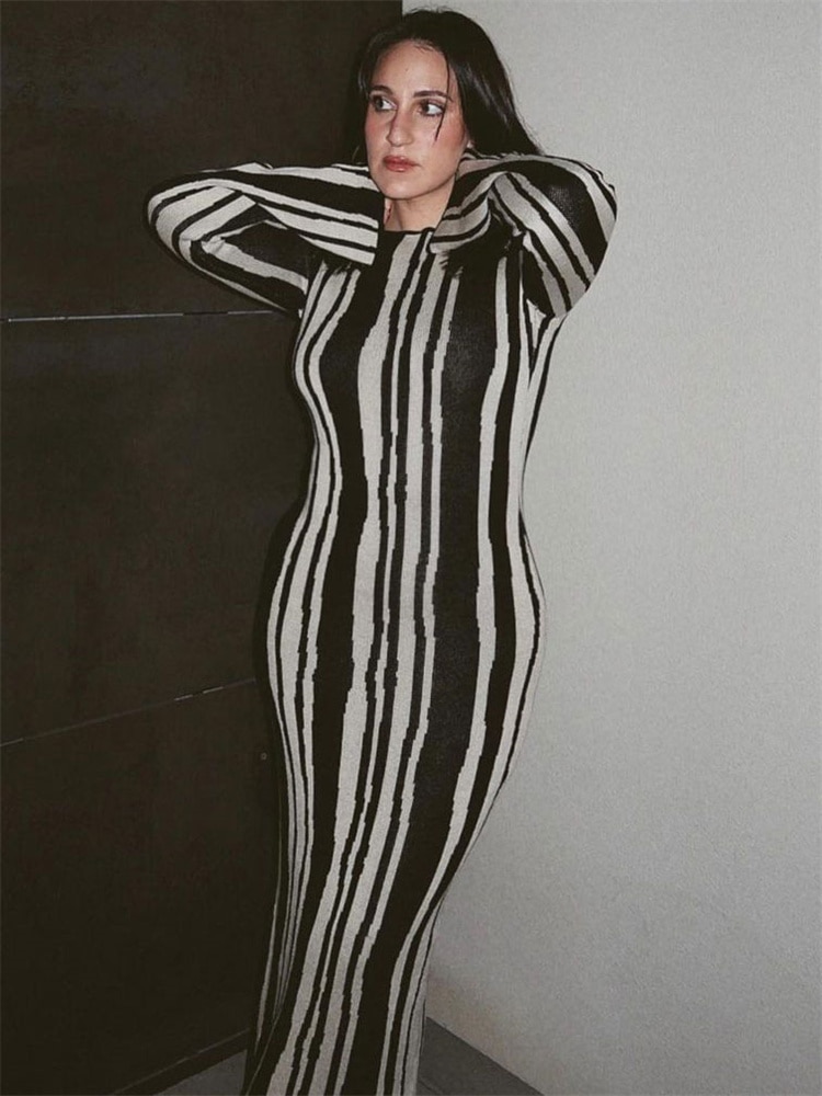 Ootddress Knit Striped Wrap Dress For Women Fashion Contrast High Street Slim Fashion Long Dress Pullover Knitwear High Waist Dress