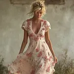 Vintage Pink Boho Roses Art V Neck Flowy Linen Maxi Dress - Image 2