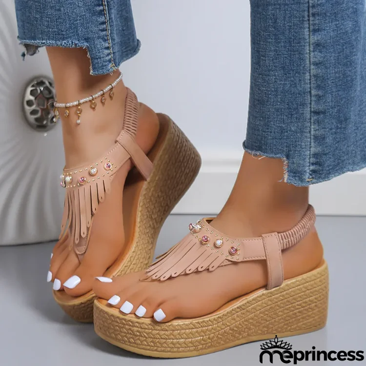 Women's Summer Tassel Wedge Flip Flops Thick Sole Beach Sandals