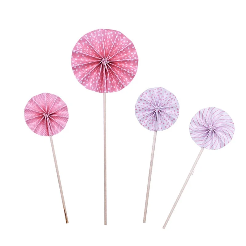 4Pcs/lot Mini Paper Fan Cake Topper Cupcake Toppers Kids Birthday Party Baby Shower Cake Decoration Flags Wedding Favor Supplies