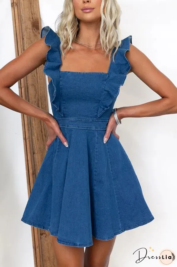 Sweet Secret Denim Square Neck Ruffle Sleeve Stretch Mini Dress