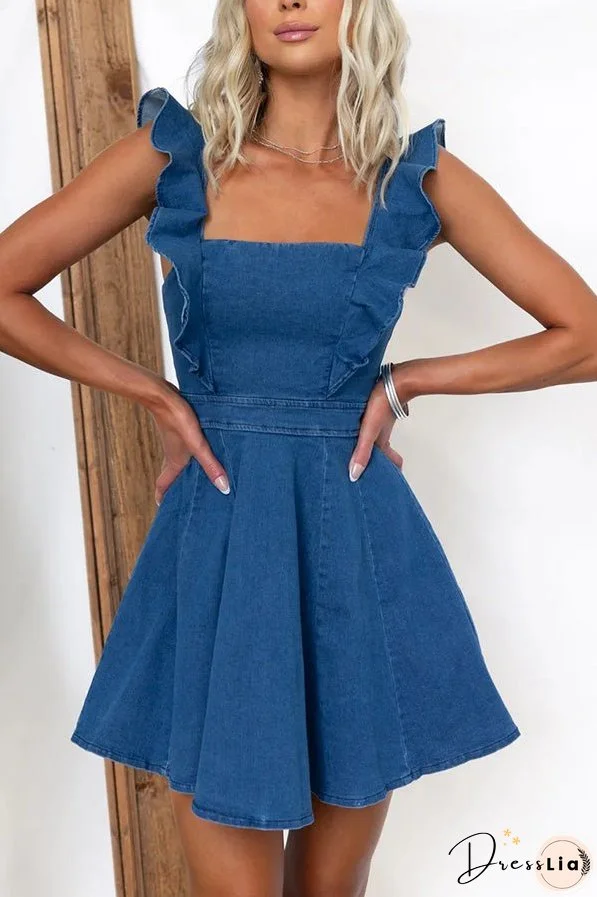Sweet Secret Denim Square Neck Ruffle Sleeve Stretch Mini Dress