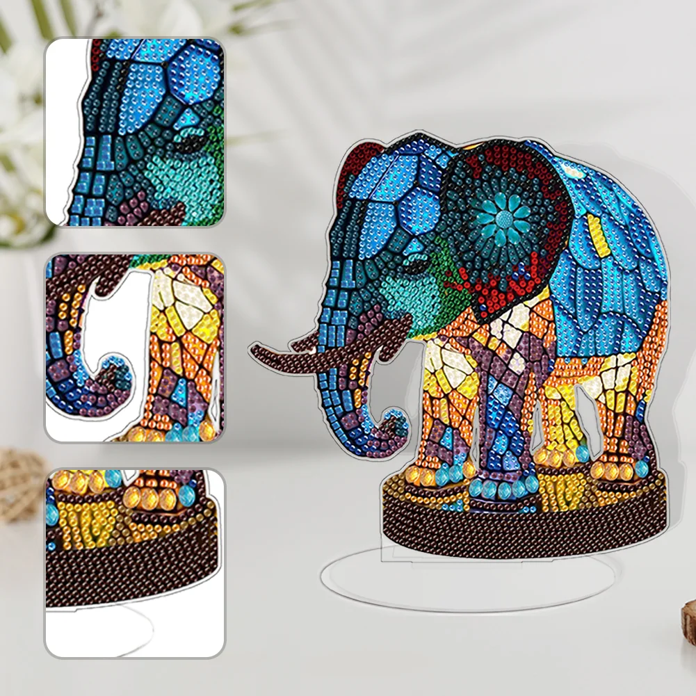 DIY Elephant Acrylic Single-Sided Diamond Painting Desktop Decoration with Light for Office Desktop Decor