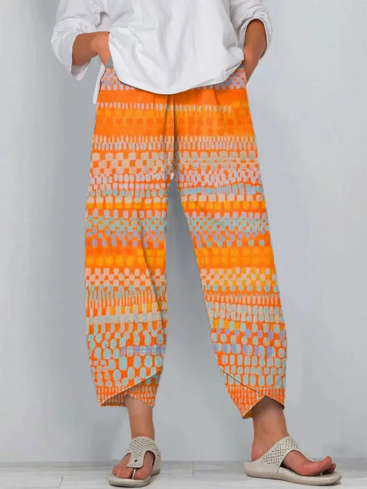 Women's Vintage Abstract Geometric Art Print Cotton And Linen Casual Pants