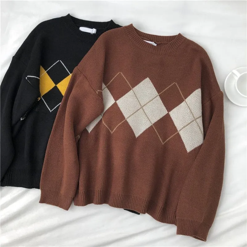 Zoki Knitted Sweater Women Argyle Oversize Korean Pullover Jumper Fashion Plaid Ladies Long Sleeve Winter Loose Casual Black Top