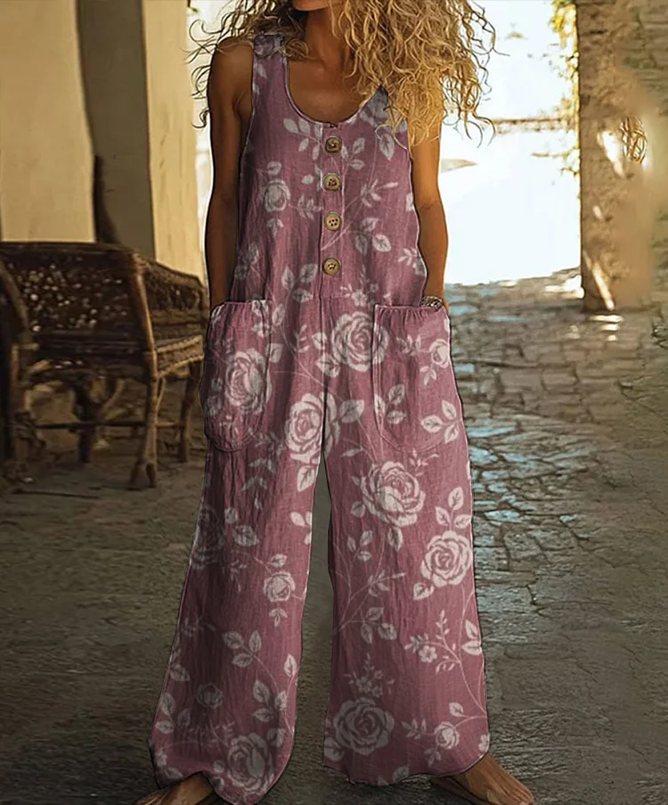 Vintage Floral Print Casual Wide-leg Jumpsuit