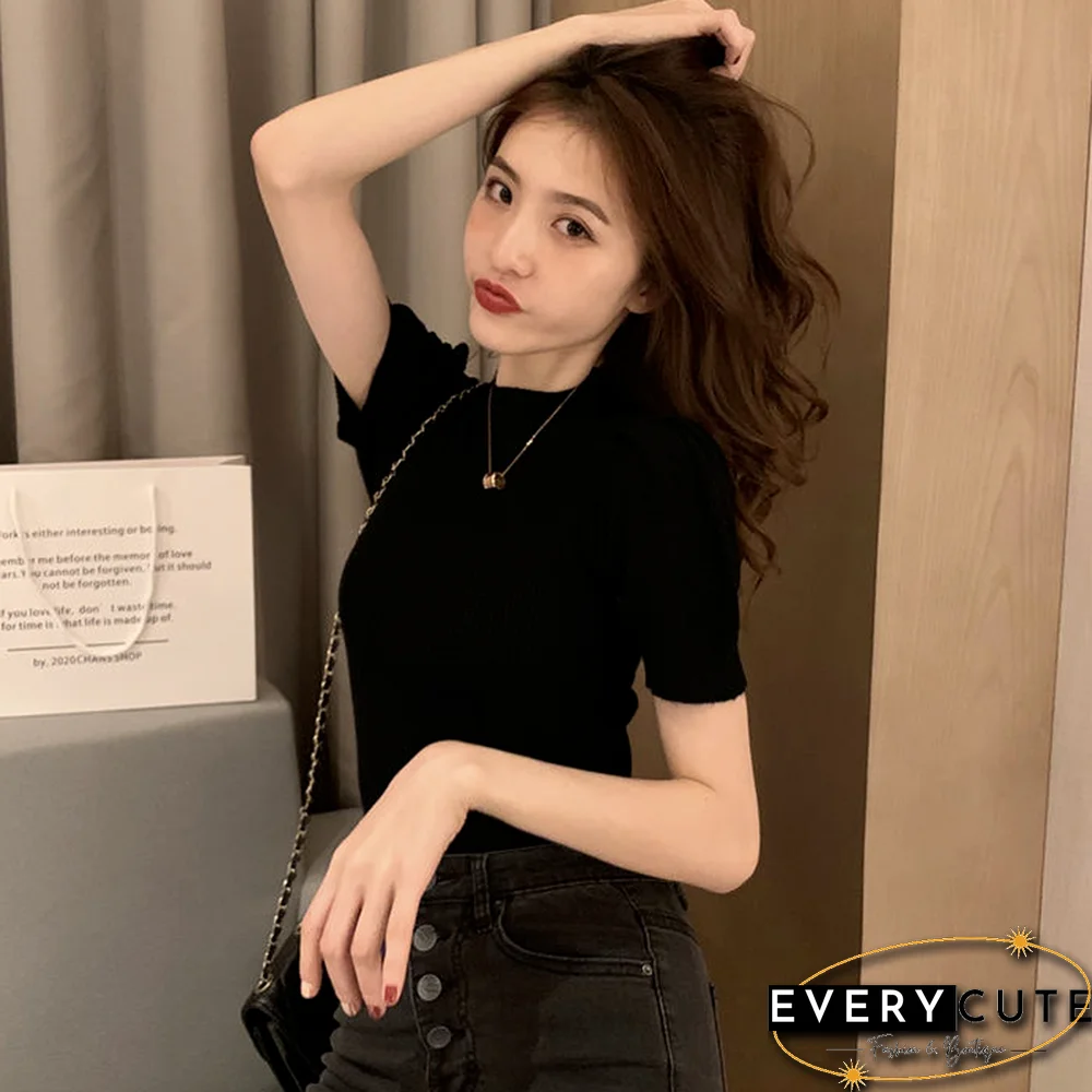 T-Shirts Women Temperament Fashion Summer Solid Simple College Skinny Chic Sexy Female Crops Harajuku All-Match Mujer Knitted