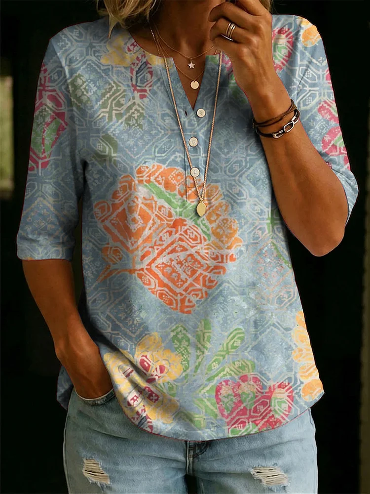 Women&rsquo;s Floral Pattern Art Casual Classic Henley Collar 100% Cotton T-shirt