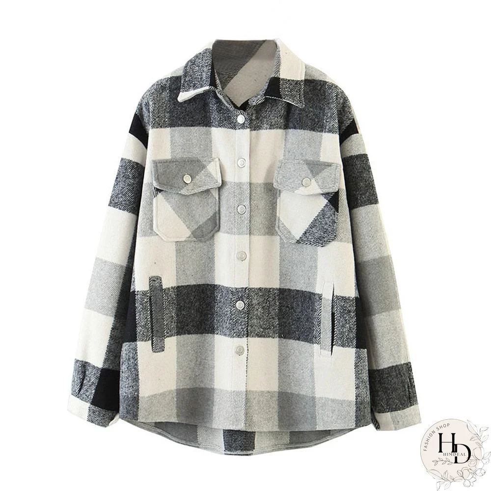 Aachoae Loose Casual Wool Plaid Jacket Women Turn Down Collar Fashion Coat With Pockets Autumn Long Sleeve Ladies Jackets Coats