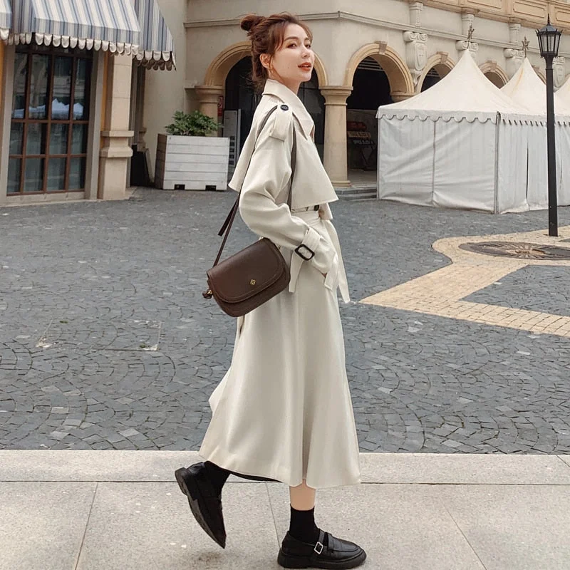 Brand New Fashion Women Trench Coat Beige Long Double-Breasted with Belt Spring Autumn Lady Duster Coat Female Outerwear Quality