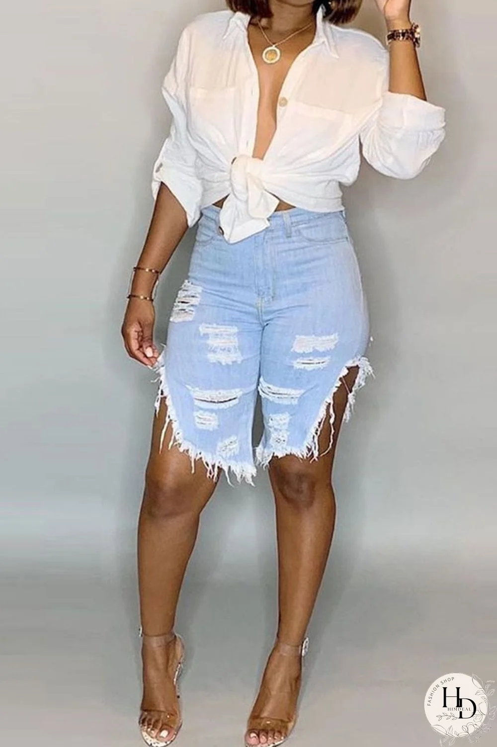Light Blue Black Light Blue Dark Blue Denim Button Fly Mid Asymmetrical Boot Cut Capris Bottoms