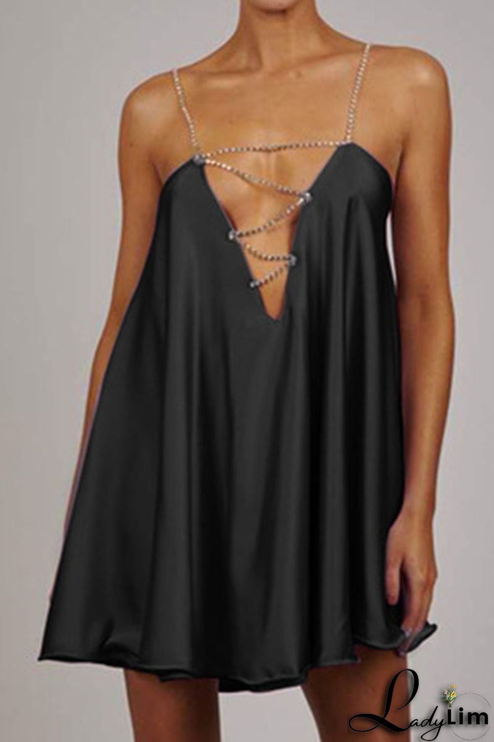 Light Blue Sexy Solid Patchwork Chains Asymmetrical Spaghetti Strap A Line Dresses