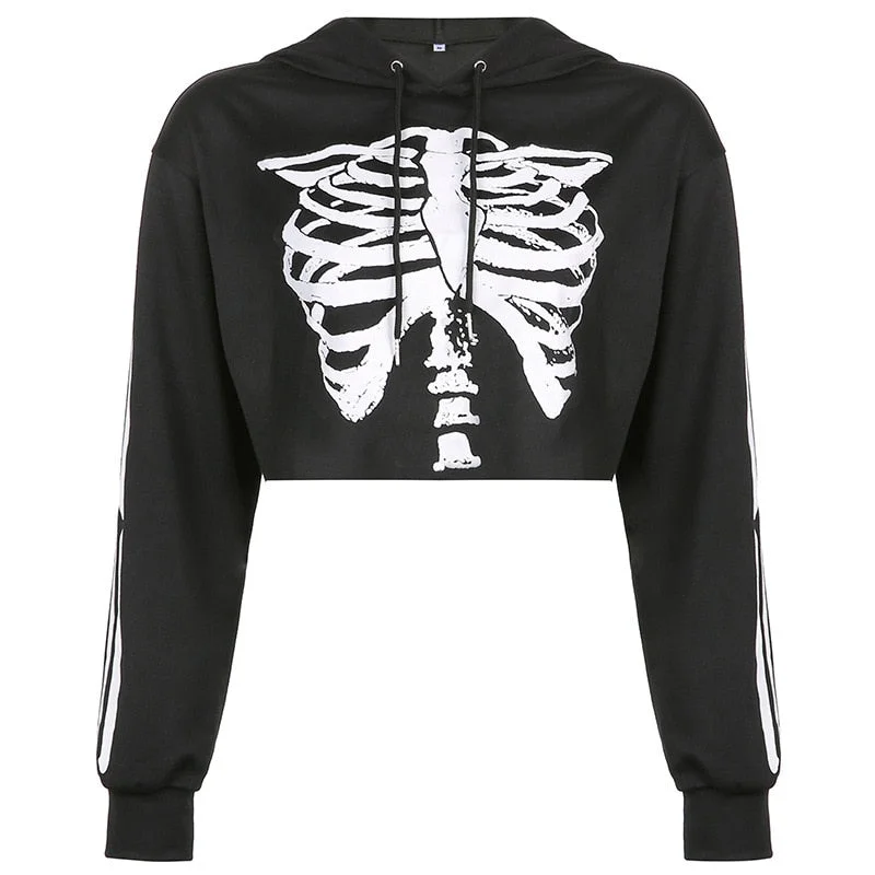 Billlnai 2023 Graduation party  Gothic Skull Printed Crop Sweatshirts Women Pullovers Punk Black Loose Hoodies Autumn Alt Clothes Casual Long Sleeve Tops