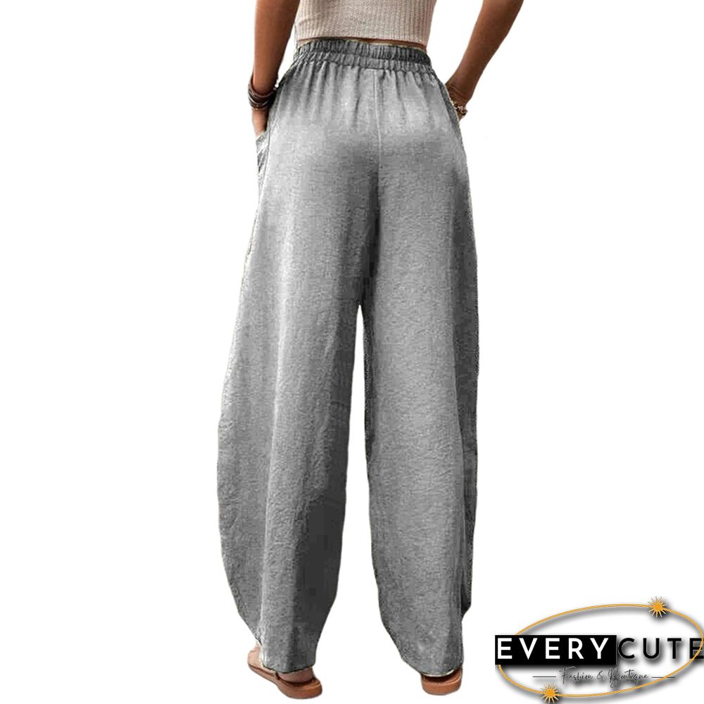 Gray Solid Elastic Waist Pocket Casual Pants