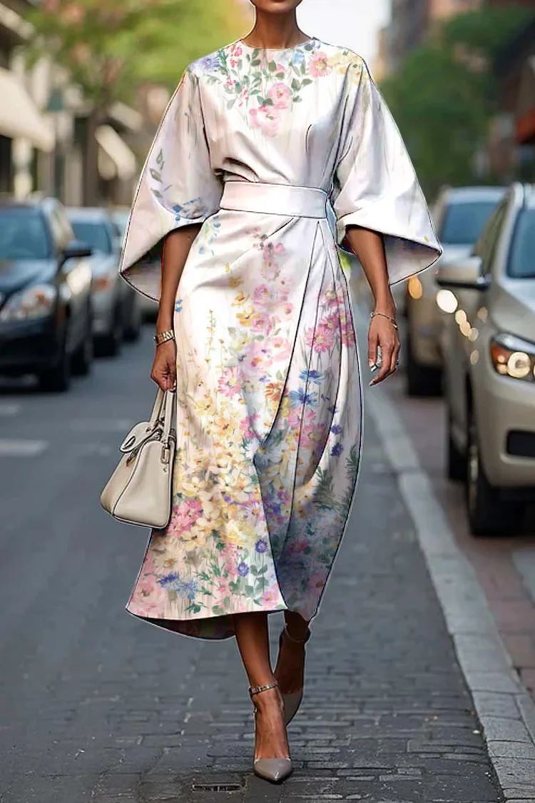 Women's Vintage Elegant Floral Print Midi Dress
