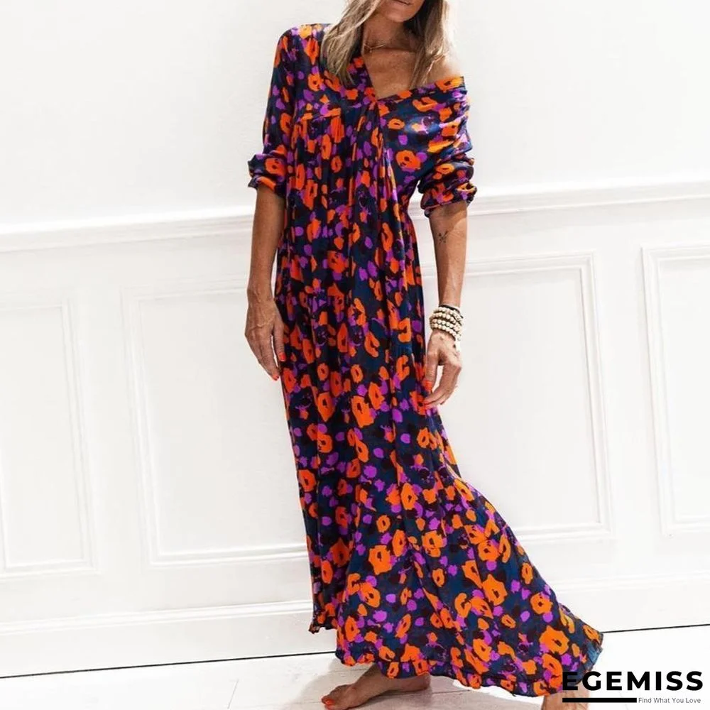 Fashion Vintage Printed V-Neck Long Sleeve Loose Vacation Dress | EGEMISS