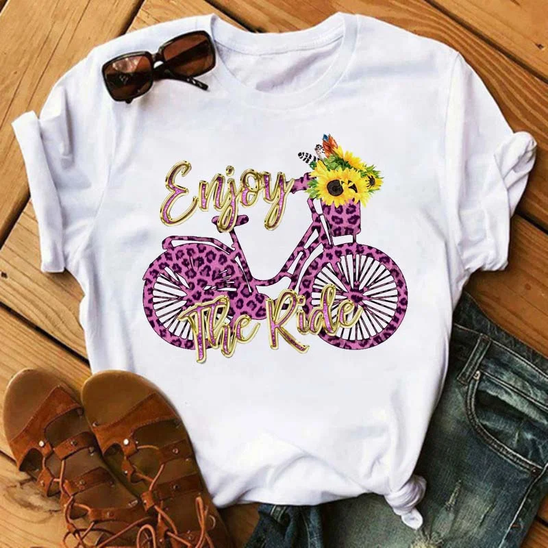 Bicycle with Sunflower Women Tshirt Summer Harajuku Short Sleeve White T Shirts Cartoon Casual Woman Tops Tees