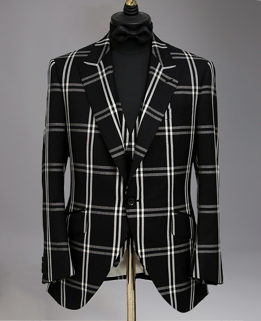 Business Peaked Lapel One Button Flap Pocket Plaid Blazer