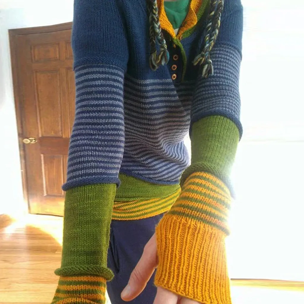 Vintage Striped Colorblock Single Breasted Sweater